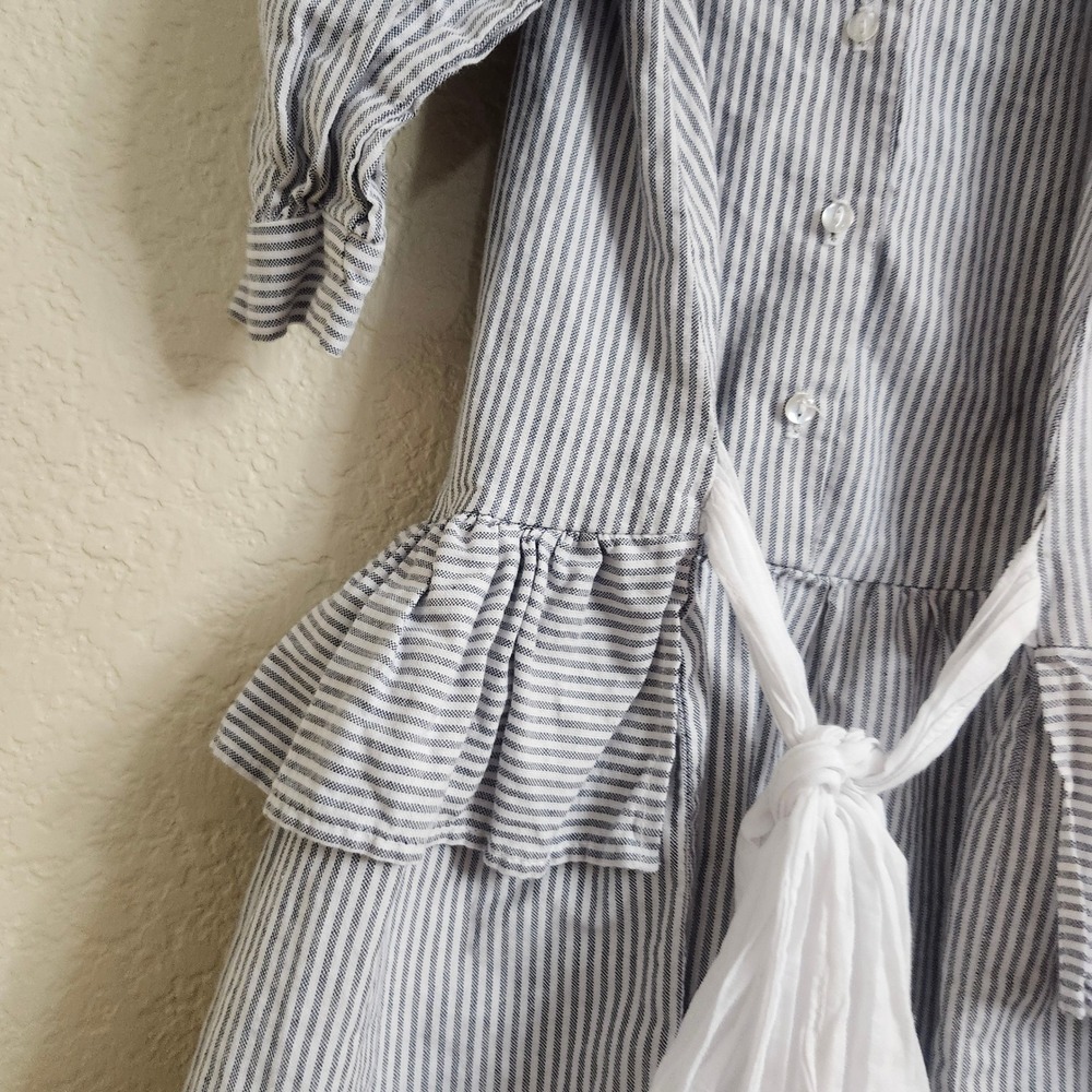 VTG Mousefeathers Size 6 Grey White Striped Lace Collar Puff Sleeve Ruffle Dress - Picture 16 of 16